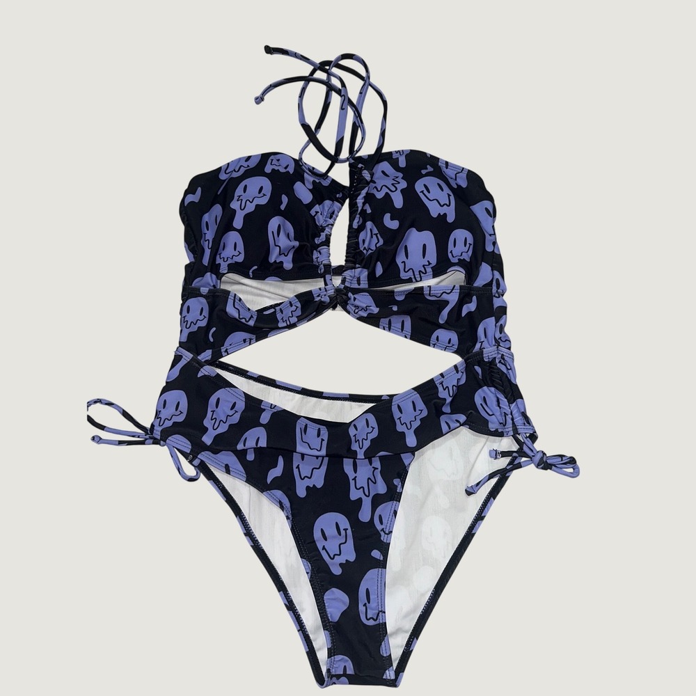 Romwe Womens Purple Dripping Smiley Face Cutout Monokini One‎ Piece Swimsuit L